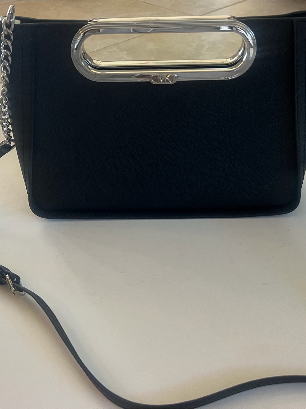 Michael Kors Black Crossbody with Silver-Tone Oval Handle and Chain Strap